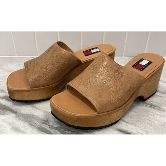Vtg Y2K Tommy Hilfiger Platform Wooden Sandals Chunky Heel 7 Floral Hippie Boho - Picture 1 of 16